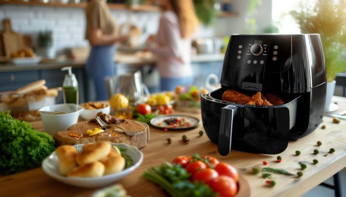 Airfryer em uma bancada com alimentos diversos. Foto: Nurul - stock.adobe.com/Adobe stock