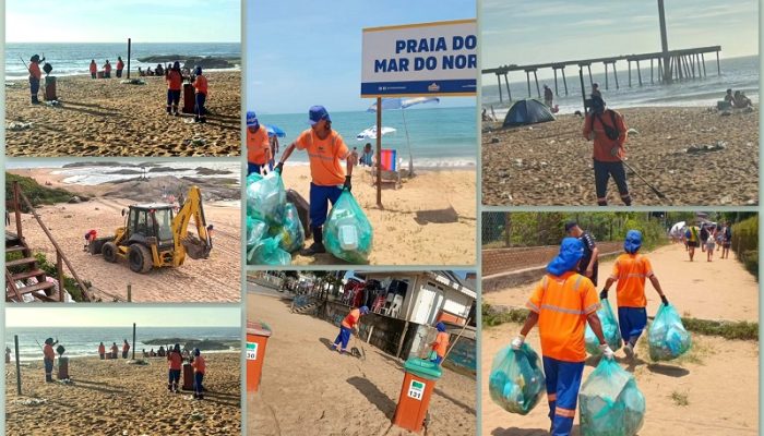 Eficiência das equipes de limpeza urbana garantiu a ordem no primeiro dia do ano, contrastando com o rastro de poluição deixado por moradores e turistas nas praias. Fotos: Divulgação