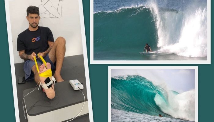 André Pássaro em recuperação de lesão. Aguardando a onda na praia de Waimea Bay, no Havaí. Em ação nas ondas gigantes. Fotos: Arquivo Pessoal / Pedro Gomes / Juliana Farage.