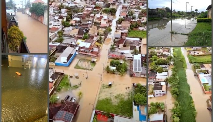 Com 50mm de chuva em apenas 30 minutos, o domingo foi de prejuízos para moradores e comerciantes; Prefeito pede ajuda da população contra o descarte de lixo e móveis nas ruas. Fotos: Divulgação