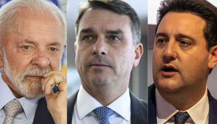 Lula (PT), Flávio Bolsonaro (PL-RJ) e Ratinho Jr. (PSD)  • Reprodução