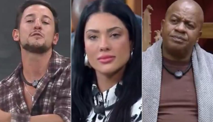 Mesquita, Rayane e Toninho na roça de 'A fazenda' — Foto: Record/ Reprodução