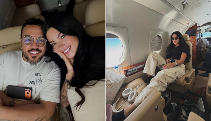 Belo e namorada, Rayane Figliuzzi em jatinho — Foto: Reprodução/ Instagram