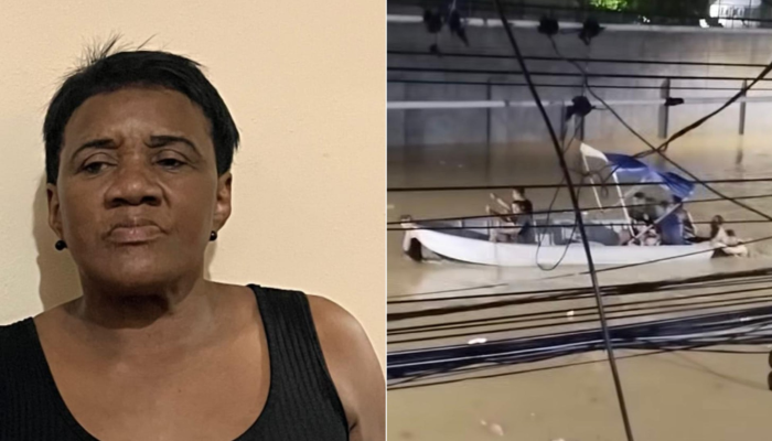 Eliete e o barco no qual foi socorrida — Foto: Álbum de família e @falamanguinhos/Reprodução