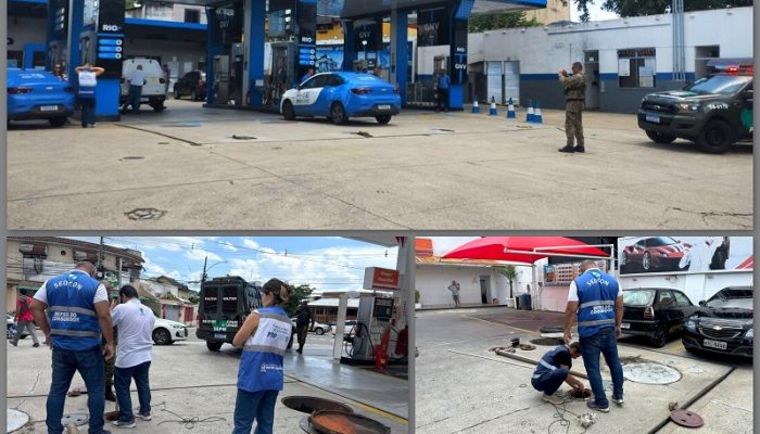 . Durante a fiscalização, agentes encontraram mais de 200 litros de gasolina adulterada escondidos em um tanque com fundo falso