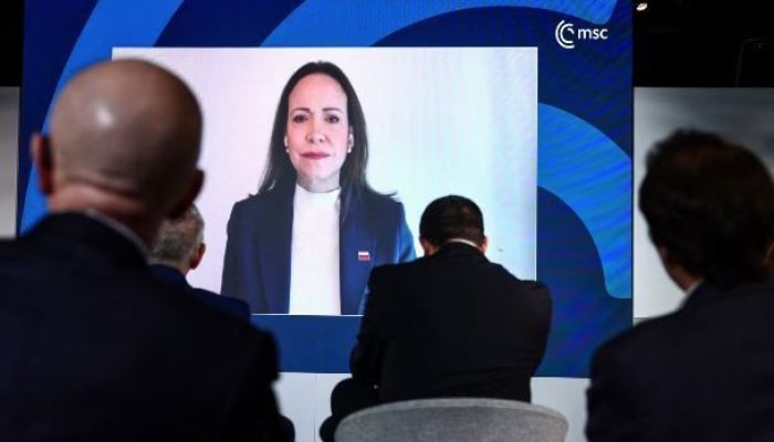 María Corina Machado durante fala na Conferência de Segurança de Munique  • Reuters