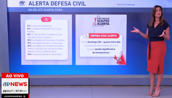 Paula Nobre mostra quadro com as temperaturas em São Paulo durante alerta de frio da Defesa Civil