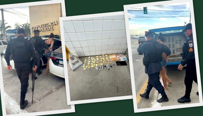 Suspeita demonstrou nervosismo ao avistar a viatura e confessou pertencer à facção ADA; o flagrante ocorreu enquanto os policiais seguiam para o IML. Fotos: PM