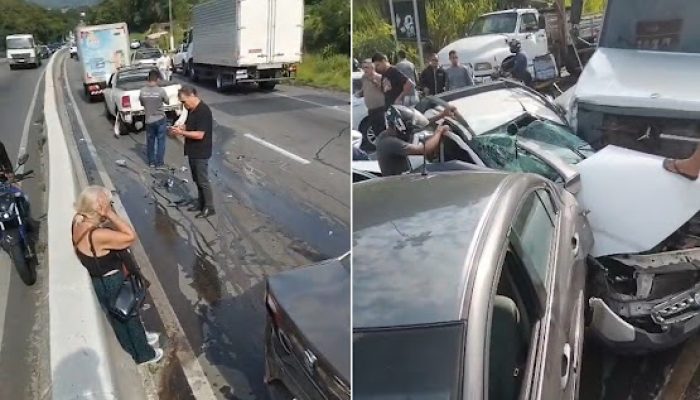 Trecho da RJ-106, sentido Maricá, ficou interditado pelo
 engavetamento. Foto: Reprodução redes sociais